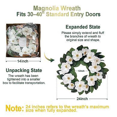 24" Artificial Magnolia Wreath Spring Summer Decor Faux Floral Door Wall