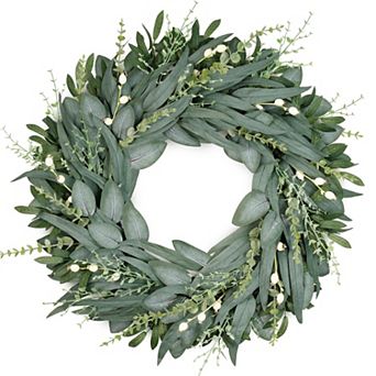 24" Summer Wreath Eucalyptus Boxwood Berries Olive Leaves Outdoor