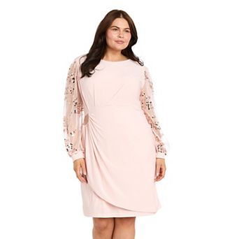 Plus Size R&M Richards Sequin Tulle Sleeve Side Draped Sheath Dress