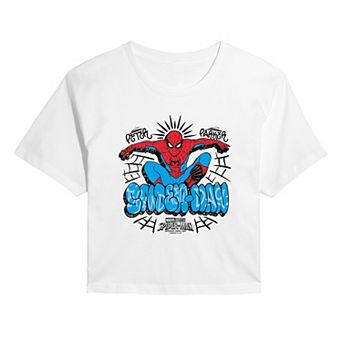 Juniors' Marvel Spider-Man Brand New Day Graffiti Cropped Tee