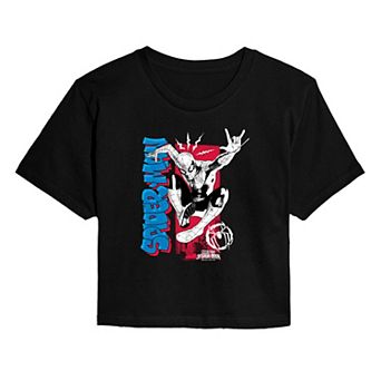Juniors' Marvel Spider-Man Brand New Day Jump Action Cropped Tee