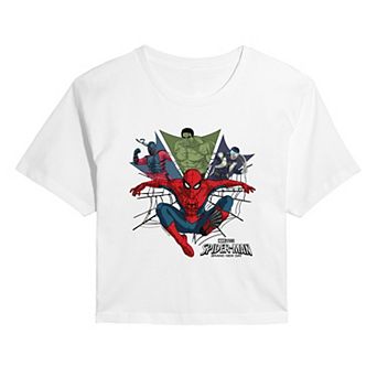 Juniors' Marvel Spider-Man Brand New Day Crew Collage Cropped Tee