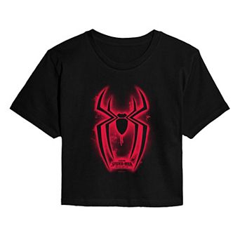 Juniors' Marvel Spider-Man Brand New Day Spray Symbol Cropped Tee