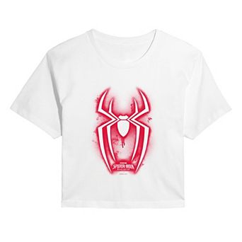 Juniors' Marvel Spider-Man Brand New Day Spray Symbol Cropped Tee