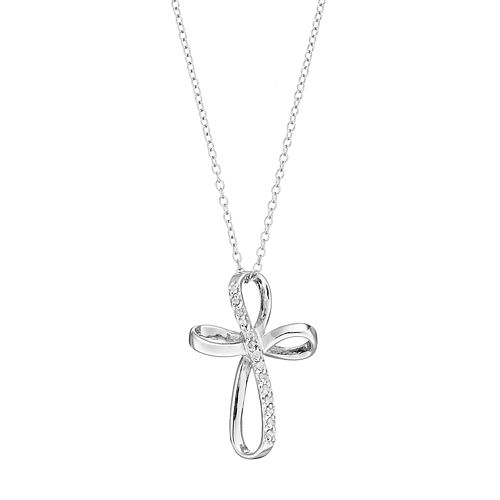 Sterling Silver 1/10 Carat T.W. Diamond Ribbon Cross Pendant Necklace
