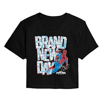 Juniors' Marvel Spider-Man Brand New Day Web Logo Cropped Tee
