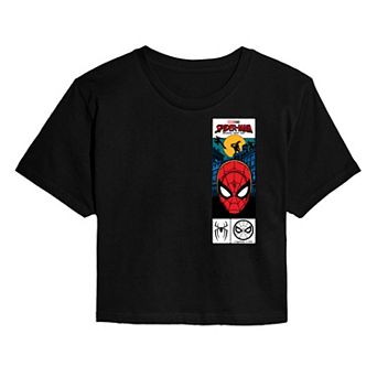 Juniors' Marvel Spider-Man Brand New Day Tag Box Cropped Tee