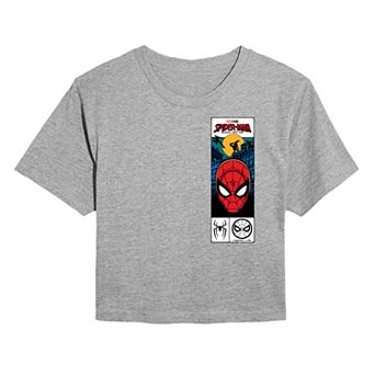 Juniors' Marvel Spider-Man Brand New Day Tag Box Cropped Tee