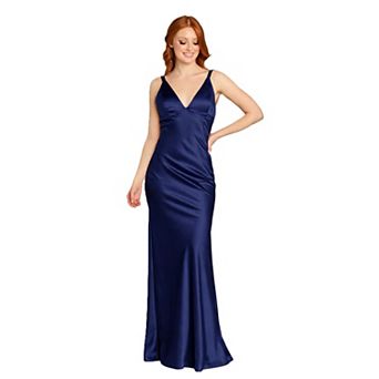 Juniors' Morgan and Co Deep V-Neck Stretch Satin Gown with Strappy Back
