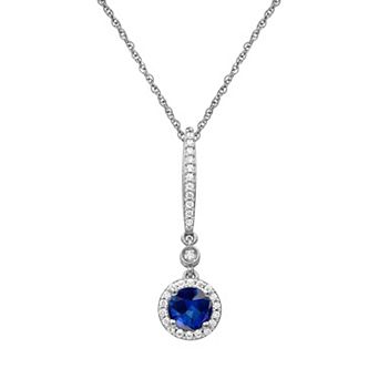 Jewelexcess Sterling Silver Lab-Created Gemstone Halo Drop Pendant Necklace