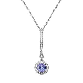 Jewelexcess Sterling Silver Lab-Created Gemstone Halo Drop Pendant Necklace