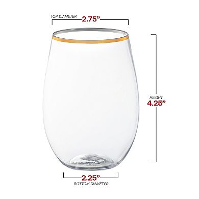 Clear Elegant Stemless Plastic Wine Glasses - 32 pcs