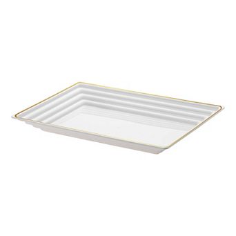 9" x 13" White w/ Gold Rim Rectangular Disposable Plastic Serving Trays - 24 pc
