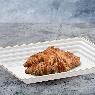 9" x 13" White w/ Gold Rim Rectangular Disposable Plastic Serving Trays - 24 pcs