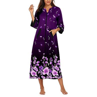Ekouaer Robes Three Quarter Sleeves Zipper Robe Zip Front Housecoat with Pockets