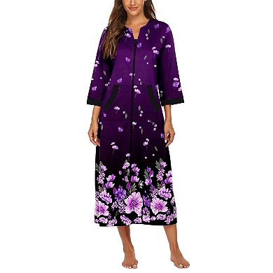 Ekouaer Robes Three Quarter Sleeves Zipper Robe Zip Front Housecoat with Pockets