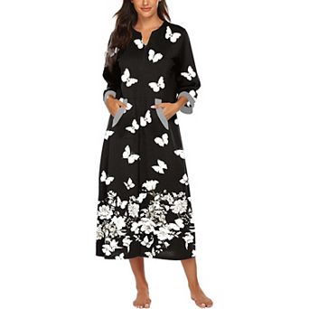 Ekouaer Robes Three Quarter Sleeves Zipper Robe Zip Front Housecoat with Pockets