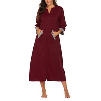 Ekouaer Robes Three Quarter Sleeves Zipper Robe Zip Front Housecoat with Pockets