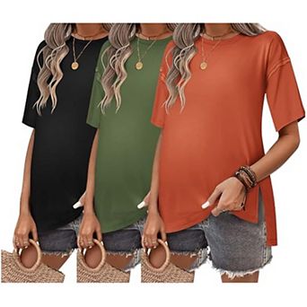 Ekouaer Maternity Shirts 3 Packs Short Sleeve Womens Oversized Pregnancy Tops Split Side Postpartum