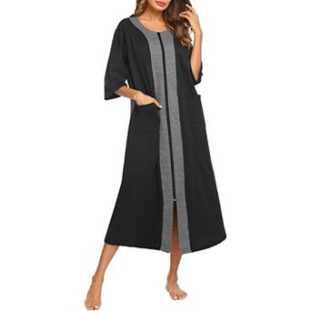 Ekouaer Robe Zipper front Robes Three Quarter Sleeve House Dress Full Length Nightgown Housecoat