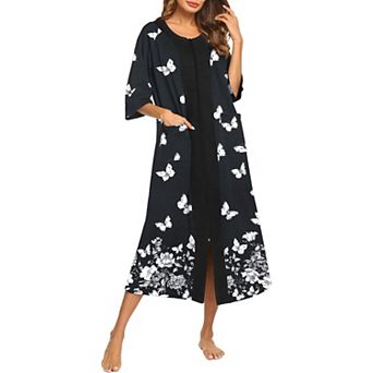 Ekouaer Robe Zipper front Robes Three Quarter Sleeve House Dress Full Length Nightgown Housecoat