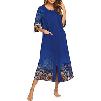 Ekouaer Robe Zipper front Robes Three Quarter Sleeve House Dress Full Length Nightgown Housecoat