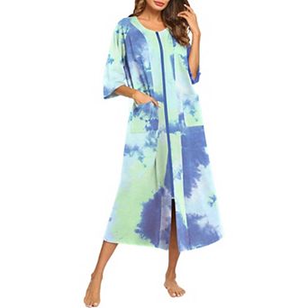 Ekouaer Robe Zipper front Robes Three Quarter Sleeve House Dress Full Length Nightgown Housecoat