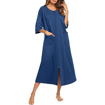 Ekouaer Robe Zipper front Robes Three Quarter Sleeve House Dress Full Length Nightgown Housecoat