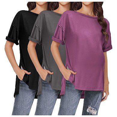 Ekouaer Maternity Shirts 3 Packs Short Sleeve Womens Oversized Pregnancy Tops Split Side Postpartum