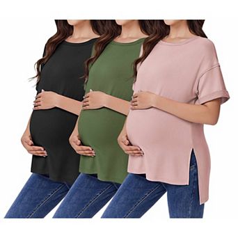 Ekouaer Maternity Shirts 3 Packs Short Sleeve Womens Oversized Pregnancy Tops Split Side Postpartum
