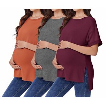 Ekouaer Maternity Shirts 3 Packs Short Sleeve Womens Oversized Pregnancy Tops Split Side Postpartum