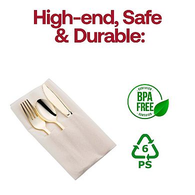 Plastic Cutlery in White Pocket Napkin Set - 70 Guests