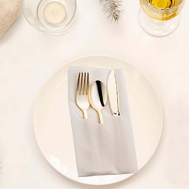 Plastic Cutlery in White Pocket Napkin Set - 70 Guests