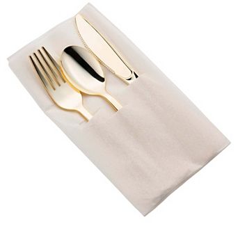 Plastic Cutlery in White Pocket Napkin Set - 70 Guests