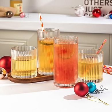Ribbed Glassware Set, Tumblers for Water, Cocktails & Mixed Drinks