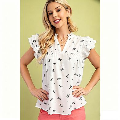 Women's Split Neck Blouse with Ruffle Cap Sleeves, Bow Print Casual Top