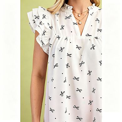 Women's Split Neck Blouse with Ruffle Cap Sleeves, Bow Print Casual Top