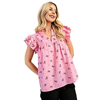 Women's Split Neck Blouse with Ruffle Cap Sleeves, Bow Print Casual Top