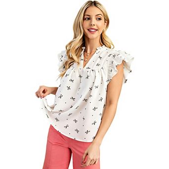 Women's Split Neck Blouse with Ruffle Cap Sleeves, Bow Print Casual Top