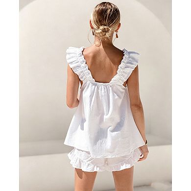 Women's Ruffle Strap Pajama Set, Sleeveless Top and Ruffle Hem Shorts