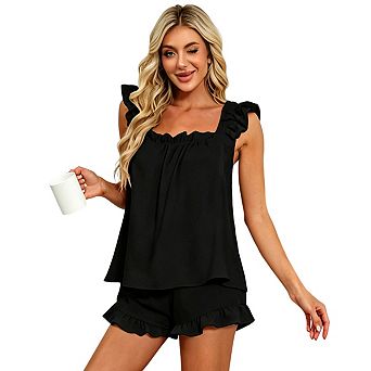 Women's Ruffle Strap Pajama Set, Sleeveless Top and Ruffle Hem Shorts