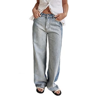 Women's Casual Wide Leg Jeans, High Waist Two-Tone Denim Pants