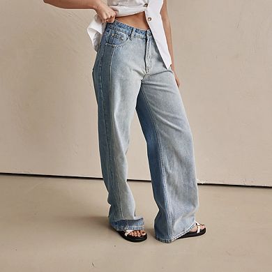 Women's Casual Wide Leg Jeans, High Waist Two-Tone Denim Pants