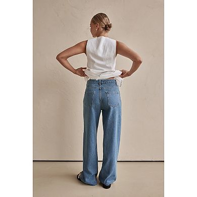 Women's Casual Wide Leg Jeans, High Waist Two-Tone Denim Pants