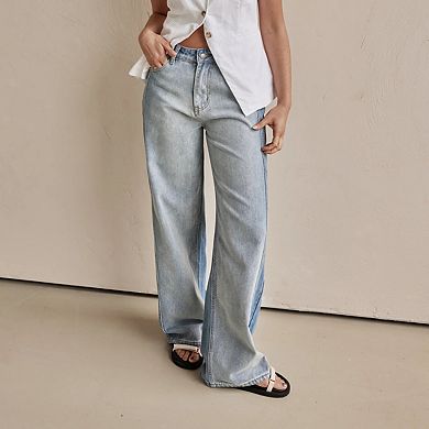Women's Casual Wide Leg Jeans, High Waist Two-Tone Denim Pants