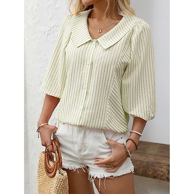 Women’s Striped Button Front Blouse Peter Pan Collar 3/4 Puff Sleeve Casual Top