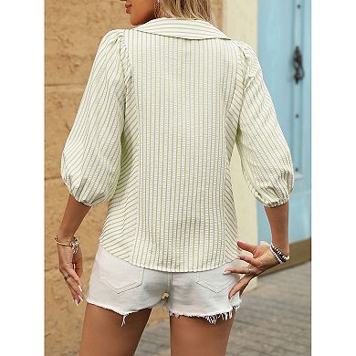 Women’s Striped Button Front Blouse Peter Pan Collar 3/4 Puff Sleeve Casual Top
