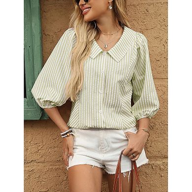 Women’s Striped Button Front Blouse Peter Pan Collar 3/4 Puff Sleeve Casual Top