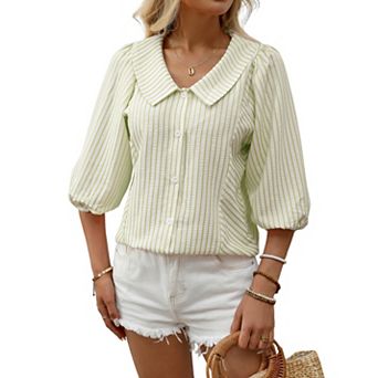 Women’s Striped Button Front Blouse Peter Pan Collar 3/4 Puff Sleeve Casual Top