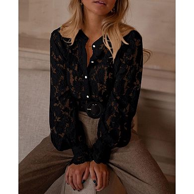 Women Dressy Casual Lace Blouse Long Sleeve Button Down Shirt